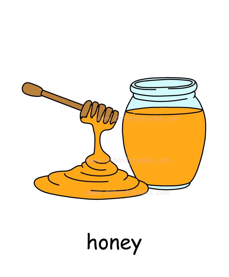 Vocabulary flashcard for the word "honey" with definition, pronunciation, and example sentences.