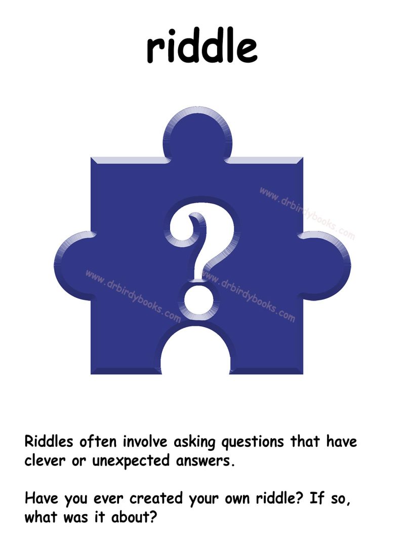 Vocabulary flashcard for the word "riddle" with definition, pronunciation, and example sentences.