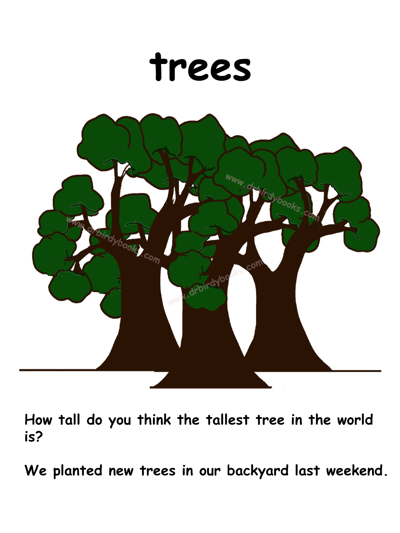 Flashcard featuring various species of trees with educational information.